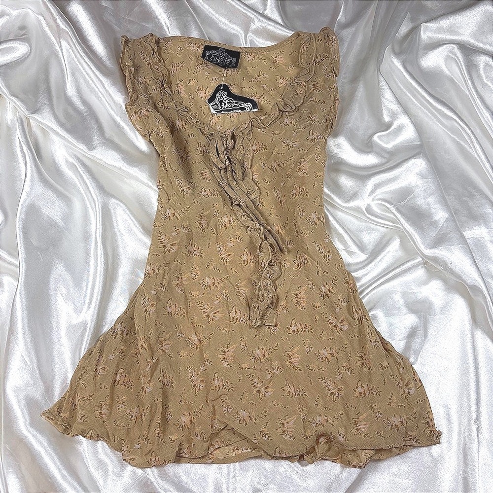 y2k Top Tan NEW Angie Floral Ruffle Lace Up Sleeveless Cottagecore Boho S